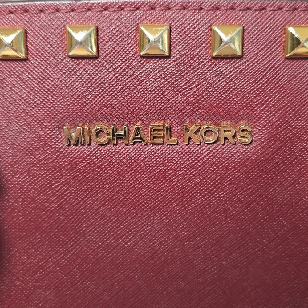 Michael Kors Burgundy Medium Selma Studded Saffiano Satchel - Picture 6 of 14